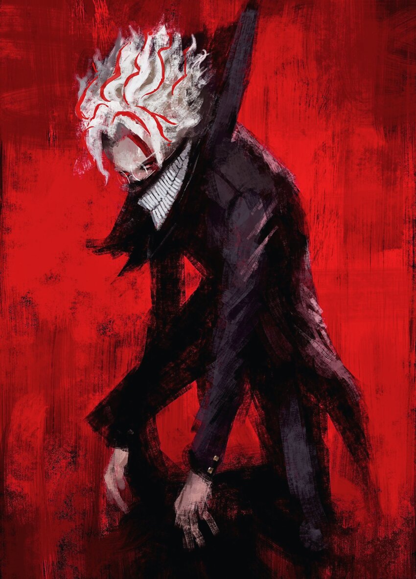 1boy black_jacket black_mask commentary dandadan fuyumurasaki gakuran glasses highres jacket male_focus mask mouth_mask multicolored_hair red_background red_eyes red_hair round_eyewear school_uniform solo streaked_hair takakura_ken_(dandadan) two-tone_fur two-tone_hair white-framed_eyewear white_hair