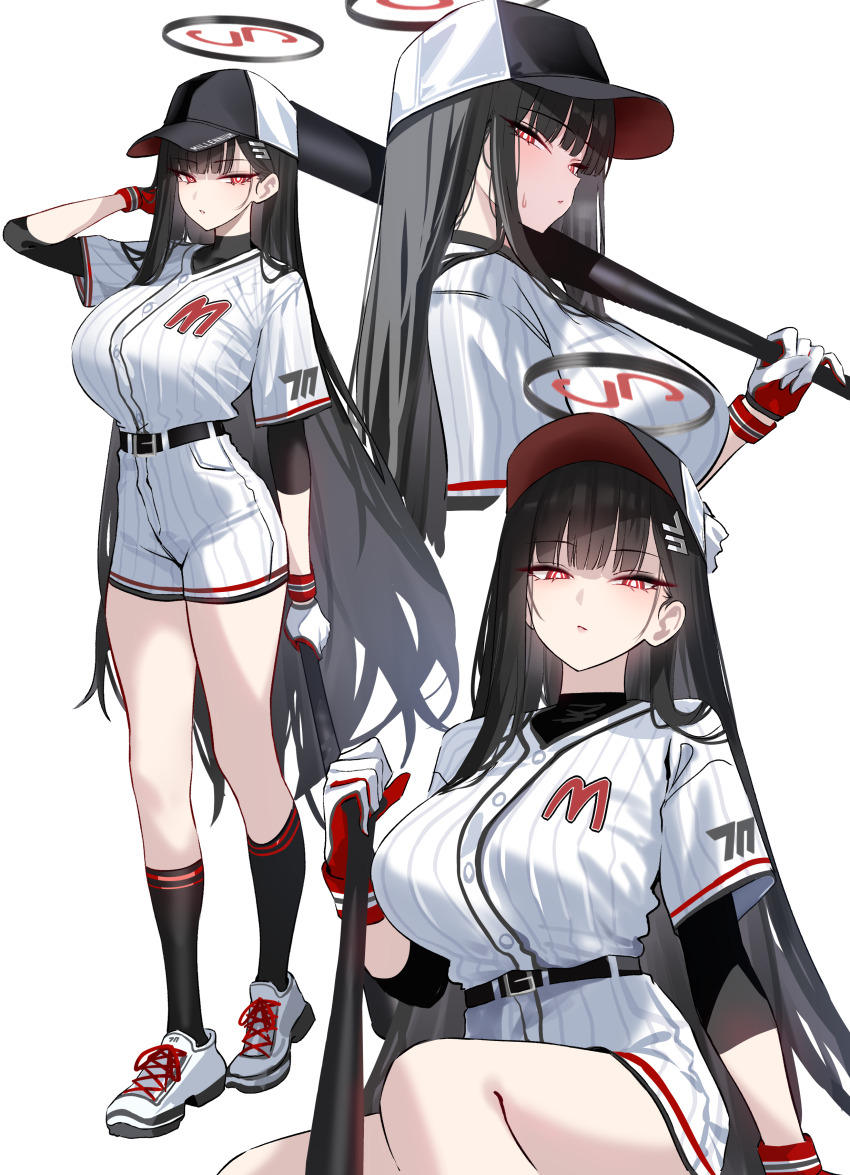 1girl absurdres alternate_costume baseball_bat baseball_cap baseball_uniform belt black_belt black_socks blue_archive blush breasts bright_pupils closed_mouth full_body gloves hair_ornament hairclip halo hat highres holding holding_baseball_bat kneehighs large_breasts long_hair looking_at_viewer multiple_views red_eyes rio_(blue_archive) shigure_s shoes short_shorts shorts simple_background socks sportswear standing thighs very_long_hair white_background white_gloves white_pupils white_shoes white_shorts