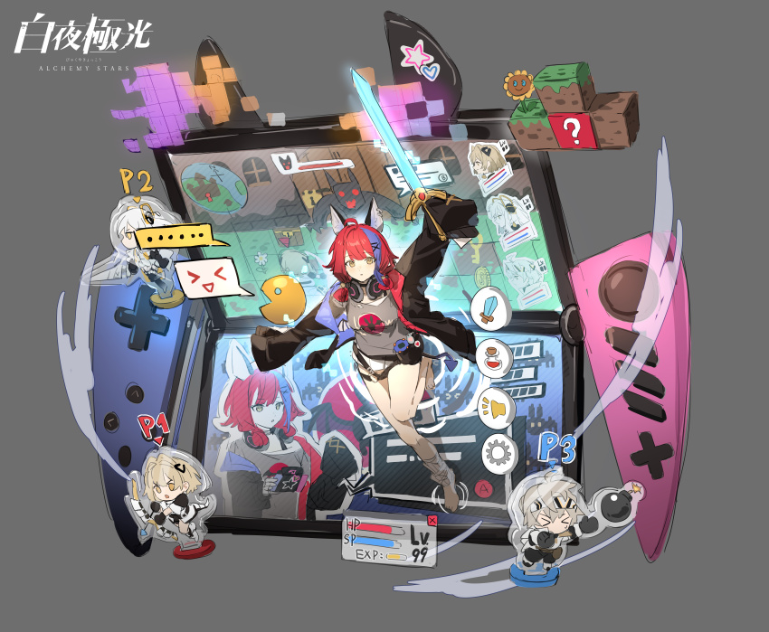 ... 1girl absurdres acrylic_stand_(object) alchemy_stars animal_ears batia_(alchemy_stars) black_jacket black_sandals block_(minecraft) carleen_(alchemy_stars) copyright_name faux_figurine full_body grey_background grey_shirt handheld_game_console headphones headphones_around_neck health_bar highres holding holding_sword holding_weapon jacket jumping logo minecraft multicolored_hair navigator_(alchemy_stars) official_art plants_vs._zombies purple_hair red_hair sandals shirt sketch socks solo speech_bubble spoken_ellipsis spoken_emoji streaked_hair sunflower_(plants_vs._zombies) sword vice_(alchemy_stars) weapon white_socks wufaxianshi_cnd yellow_eyes