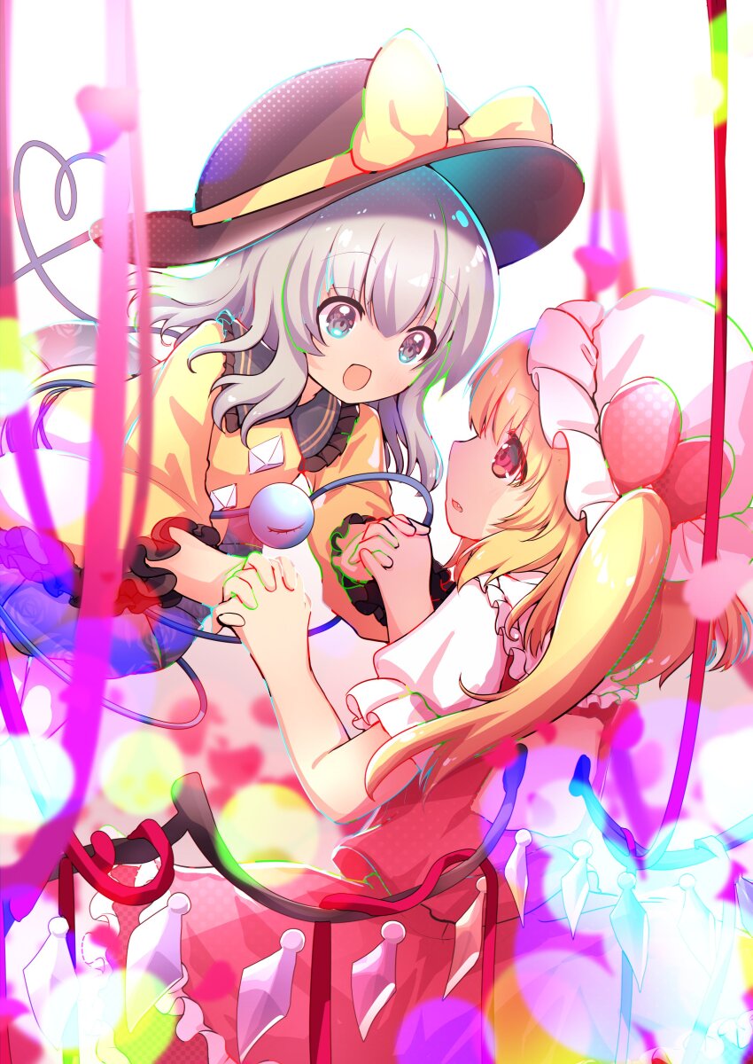 2girls absurdres black_headwear blonde_hair bow buttons diamond_button flandre_scarlet frilled_shirt_collar frills grey_hair hat hat_bow heart heart_of_string highres holding_hands komeiji_koishi mob_cap multiple_girls rapameri red_eyes shirt third_eye touhou wings yellow_shirt