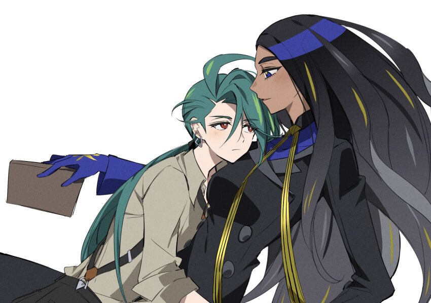 2girls black_hair black_jacket blue_eyes blue_gloves bright_pupils buttons double-breasted earrings expressionless geeta_(pokemon) gloves go_mi_111 green_hair grey_shirt head_on_chest highres jacket jewelry long_hair multiple_girls nintendo pokemon pokemon_sv profile red_eyes rika_(pokemon) shirt simple_background suspenders swept_bangs triangle_earrings white_background white_pupils yuri