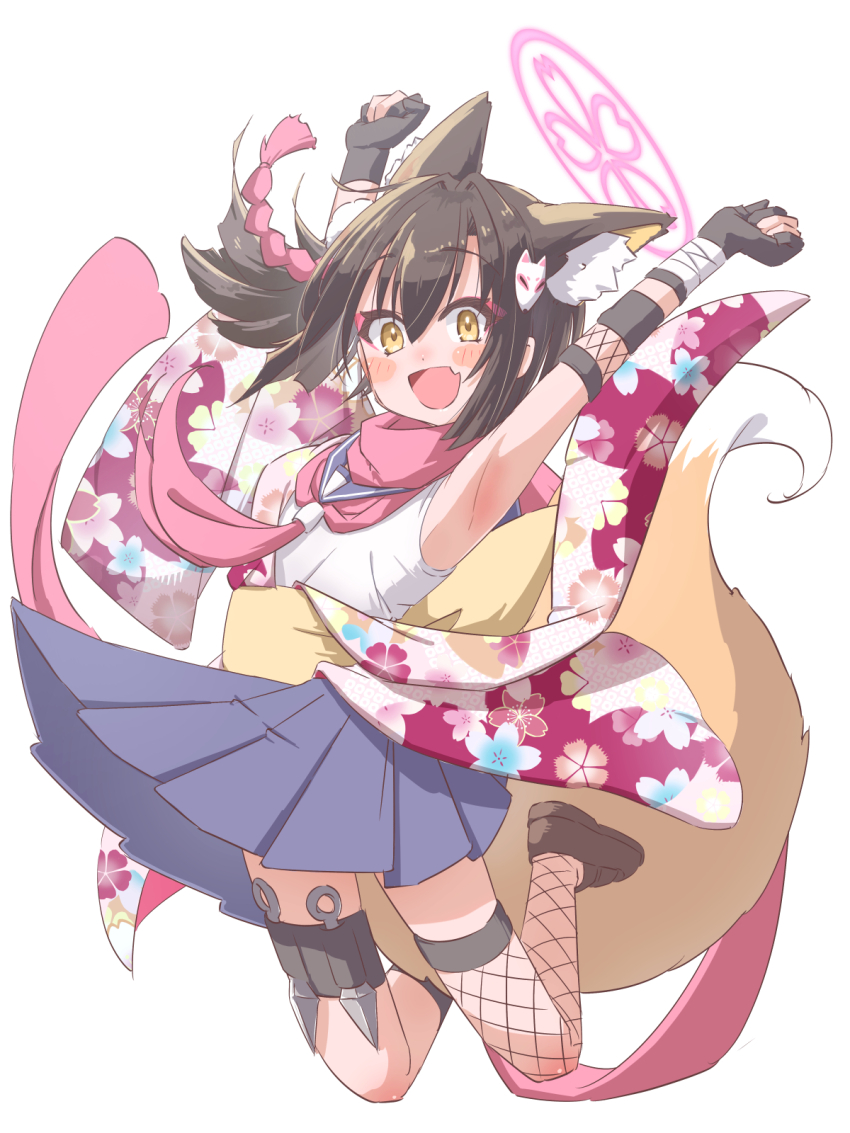 1girl animal_ears blue_archive fox_ears fox_girl fox_tail gloves halo highres izuna_(blue_archive) jumping kunai pink_halo skirt solo tail tomonx weapon