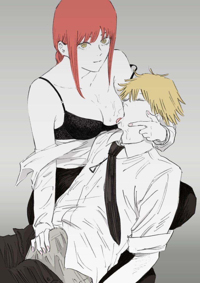 1boy 1girl absurdres blonde_hair bra breast_sucking bulge chainsaw_man denji_(chainsaw_man) erection erection_under_clothes grey_background handjob highres looking_at_viewer makima_(chainsaw_man) necktie nursing_handjob orange_hair partially_undressed senaka_look shirt strap_slip underwear yellow_eyes
