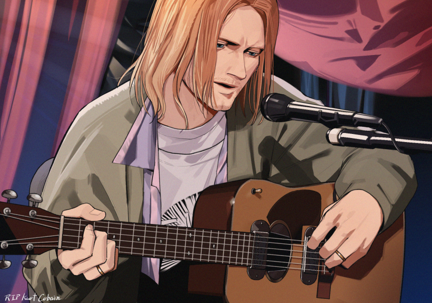 1boy acoustic_guitar blue_eyes brown_hair character_name commentary curtains facial_hair grey_jacket guitar highres holding holding_guitar holding_instrument instrument jacket jewelry kurt_cobain left-handed long_sleeves looking_down male_focus medium_hair microphone microphone_stand music mustache nirvana_(band) open_clothes open_jacket open_mouth playing_instrument real_life rest_in_peace_(phrase) ring shirt signal_1120 singing solo stubble upper_body white_shirt