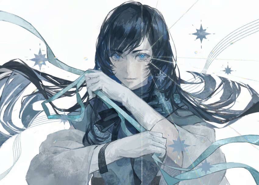1girl ado_(utaite) aegyo_sal black_hair blue_eyes blue_ribbon chando_(ado) closed_mouth commentary floating_hair highres htt_hatuotuo long_hair long_sleeves looking_at_viewer mole mole_under_eye ribbon simple_background solo upper_body utaite white_background