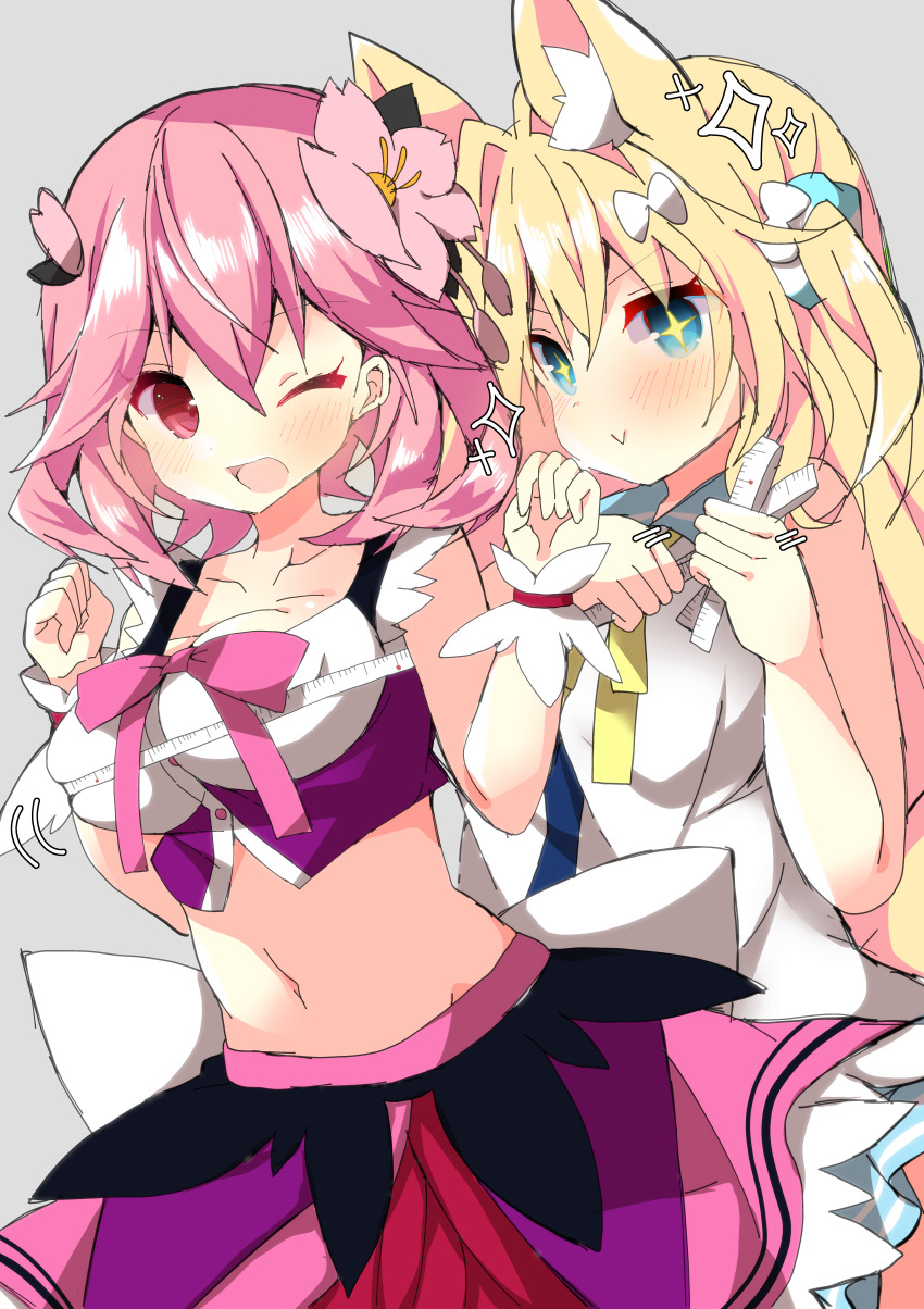 +_+ 2girls ;d absurdres animal_ear_fluff animal_ears bare_arms bare_shoulders blonde_hair blue_eyes blue_sailor_collar blush bow breasts bust_measuring collarbone copyright_request dress flower fox_ears fuuna_thise grey_background hair_between_eyes hair_bow hair_flower hair_intakes hair_ornament highres large_breasts long_hair measuring medium_breasts multiple_girls one_eye_closed open_mouth pink_flower pink_hair pink_skirt red_eyes sailor_collar sailor_dress simple_background skirt sleeveless sleeveless_dress smile sparkle tape_measure two_side_up very_long_hair virtual_youtuber white_bow white_dress