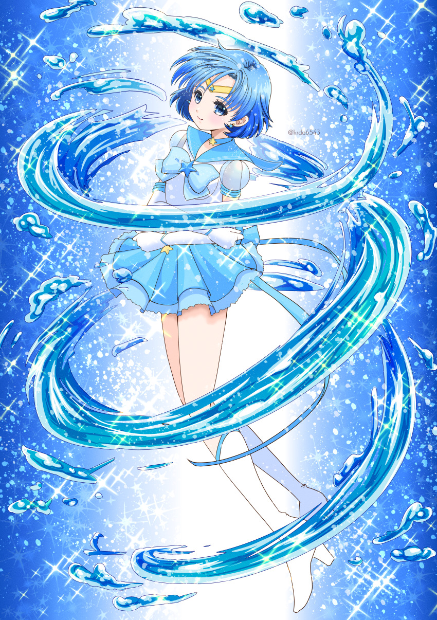 1girl absurdres back_bow bishoujo_senshi_sailor_moon bishoujo_senshi_sailor_moon_stars blue_bow blue_bowtie blue_choker blue_eyes blue_gemstone blue_hair blue_sailor_collar blue_skirt boots bow bowtie brooch choker circlet dual_persona earrings elbow_gloves gem gloves high_heel_boots high_heels highres jewelry kuroasa24 miniskirt mizuno_ami multiple_girls pleated_skirt sailor_collar sailor_mercury shirt short_hair short_sleeves skirt solo star_(symbol) star_choker star_earrings stud_earrings super_sailor_mercury super_sailor_mercury_(stars) swept_bangs white_boots white_gloves white_shirt