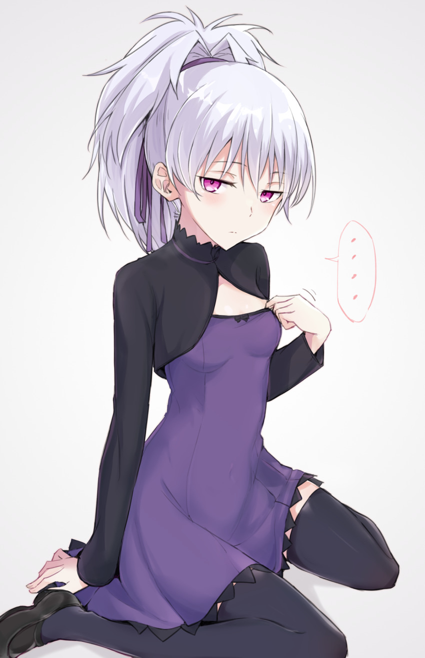 ... 1girl black_shoes black_thighhighs breasts commentary_request darker_than_black dress expressionless gradient_background grey_background hair_ribbon highres long_hair looking_at_viewer nonono_mino pink_eyes ponytail purple_dress purple_ribbon ribbon shoes shrug_(clothing) simple_background sitting small_breasts solo spoken_ellipsis strapless strapless_dress thighhighs wariza white_hair yin_(darker_than_black)