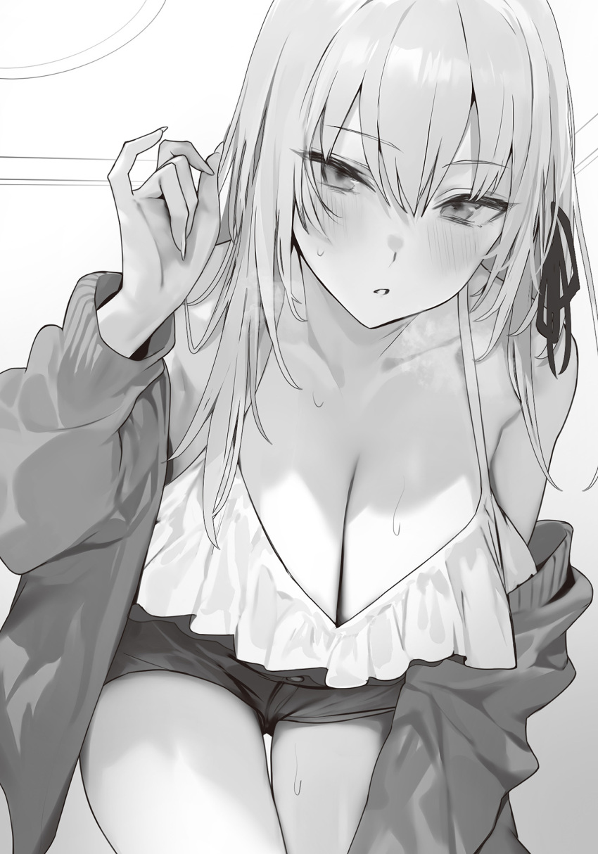 1girl blush breasts cleavage collarbone downer-kei_gyaru_no_yukikawa-san_ga_nazeka_houkago_ni_naruto_ore_no_ie_ni_kayou_you_ni_natta_ken frills greyscale highres large_breasts long_hair monochrome non-web_source novel_illustration off_shoulder official_art open_mouth ribbon shorts sidelocks sweat thighs third-party_source yukikawa_tsukino yuyu_(yuyuworks)