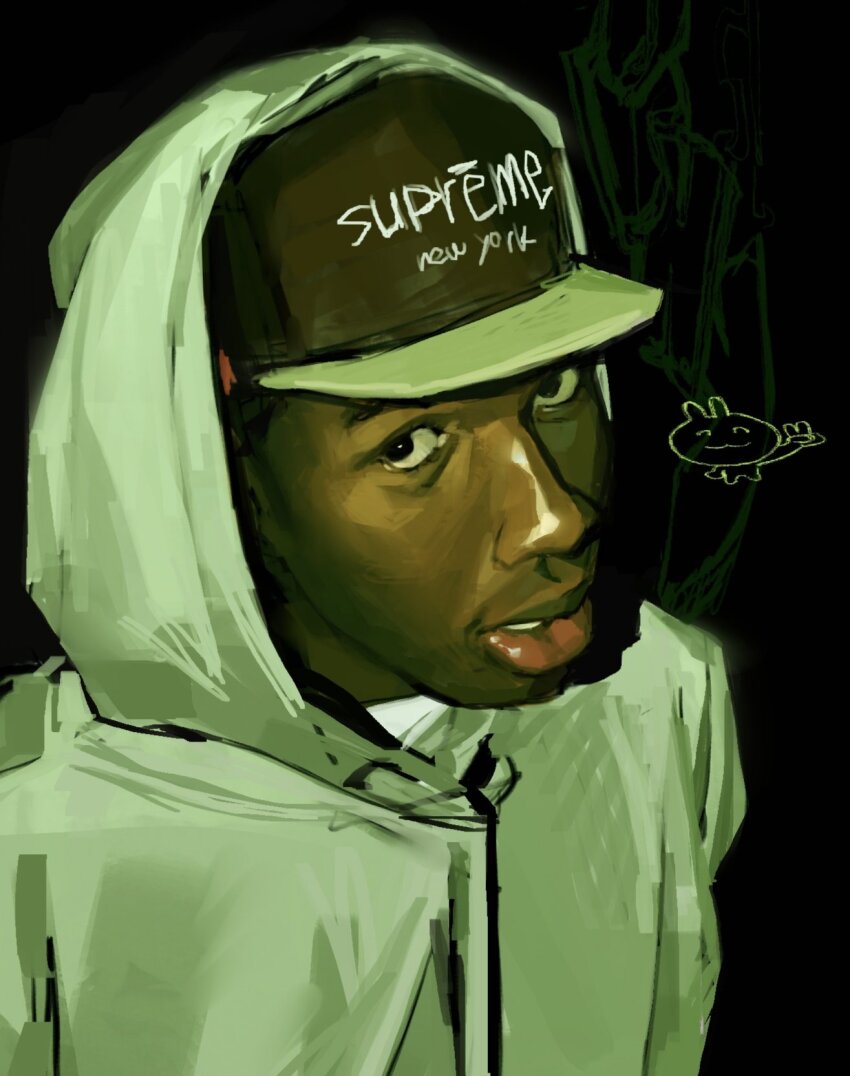 1boy baseball_cap black_eyes black_hat dark-skinned_male dark_skin hat highres hood hood_up hoodie male_focus parted_lips real_life solo tyler_the_creator white_hoodie yrkhn