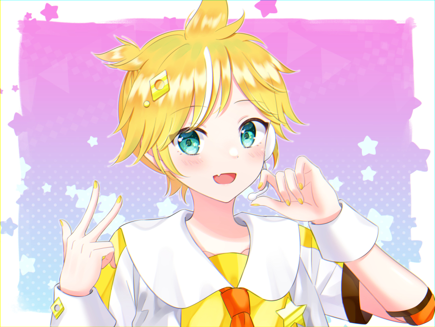 1boy :d blonde_hair blue_eyes blush collared_shirt elbow_pads fang gradient_background hair_ornament headset highres kagamine_len looking_at_viewer magical_mirai_len magical_mirai_len_(2022) male_focus multicolored_hair nail_polish necktie open_mouth ponytail rooibos sailor_collar shirt short_sleeves skin_fang smile solo star_(symbol) star_ornament streaked_hair vocaloid w white_hair wrist_cuffs