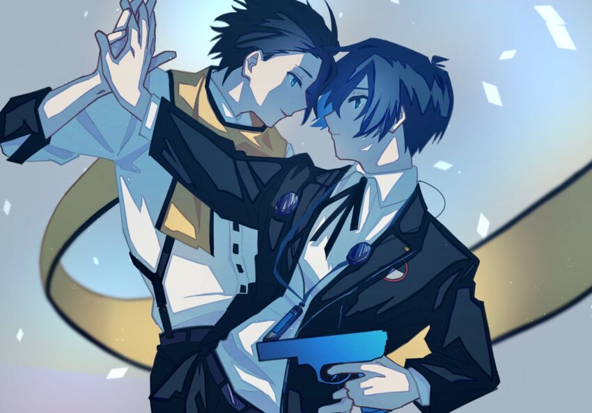 2boys arm_up belt belt_buckle black_belt black_hair black_jacket black_pants black_ribbon black_trim blue_eyes blue_hair buckle closed_mouth collared_shirt commentary_request digital_media_player eye_contact floating_scarf gekkoukan_high_school_uniform gun headphones headphones_around_neck highres holding holding_gun holding_hands holding_weapon jacket lapels layered_sleeves long_scarf long_sleeves looking_at_another male_focus mochizuki_ryouji multiple_boys neck_ribbon notched_lapels open_clothes open_jacket open_mouth pants parted_bangs persona persona_3 ribbon scarf school_emblem school_uniform shirt shirt_tucked_in sleeve_cuffs smile suspension tokofu_u upper_body weapon white_shirt wing_collar yaoi yellow_scarf yuuki_makoto_(persona_3)