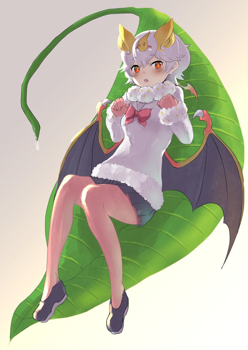 1girl animal_ears bat_ears bat_girl bat_wings black_shoes black_skirt blonde_hair blush bow bowtie extra_ears fur_collar fur_trim gaga_(gamerakero) gloves glowing glowing_eyes highres honduran_white_bat_(kemono_friends) kemono_friends leaf loafers long_sleeves multicolored_hair pantyhose pleated_skirt red_bow red_bowtie red_eyes red_gloves red_pantyhose sailor_collar shoes short_hair skirt solo sweater two-tone_hair white_fur white_hair white_sweater wings