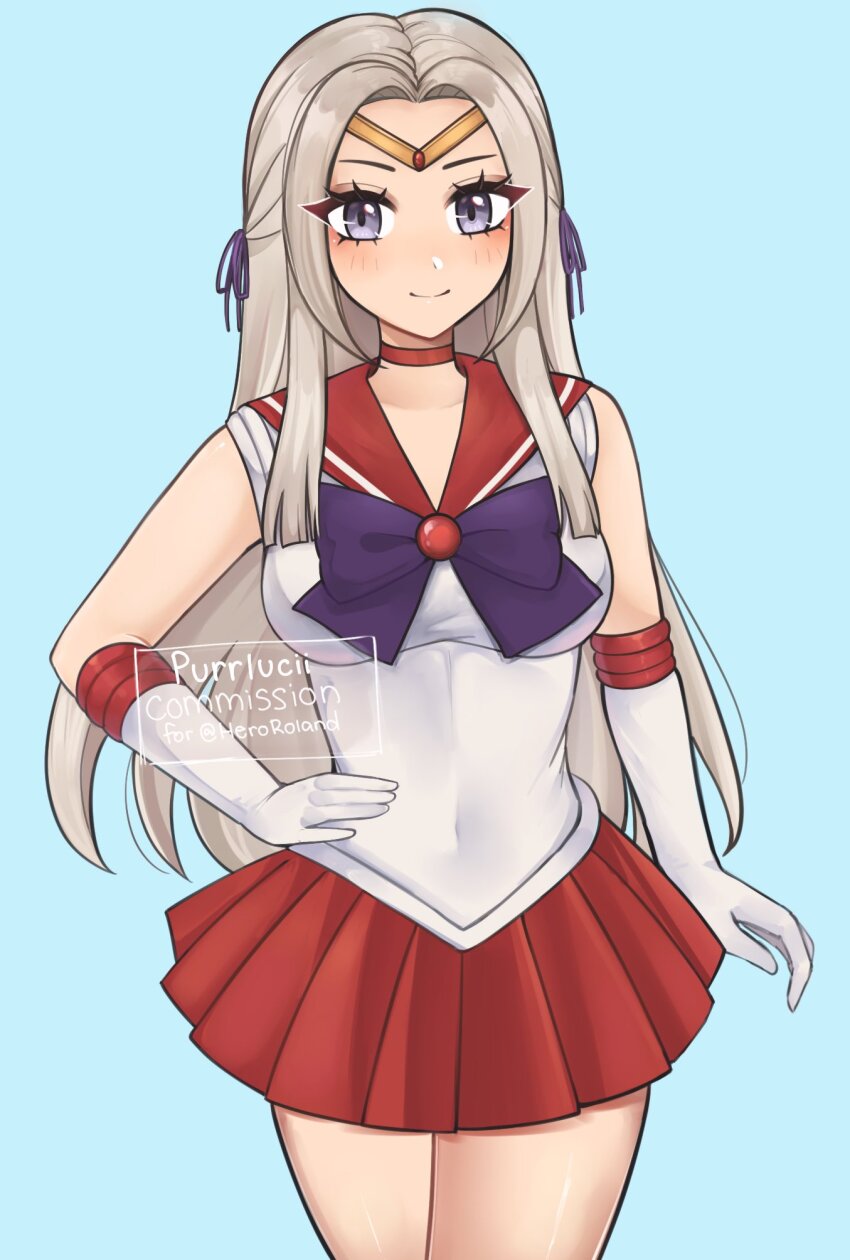 1girl aqua_background artist_name bishoujo_senshi_sailor_moon blush bow bowtie breasts closed_mouth cosplay covered_navel edelgard_von_hresvelg elbow_gloves english_text facing_viewer fire_emblem fire_emblem:_three_houses fire_emblem_warriors:_three_hopes gloves grey_hair hair_ornament highres large_breasts long_hair looking_at_viewer luci_(purrlucii) miniskirt nintendo purple_bow purple_bowtie red_sailor_collar red_skirt sailor_collar sailor_mars sailor_mars_(cosplay) skirt smile solo standing thighs very_long_hair