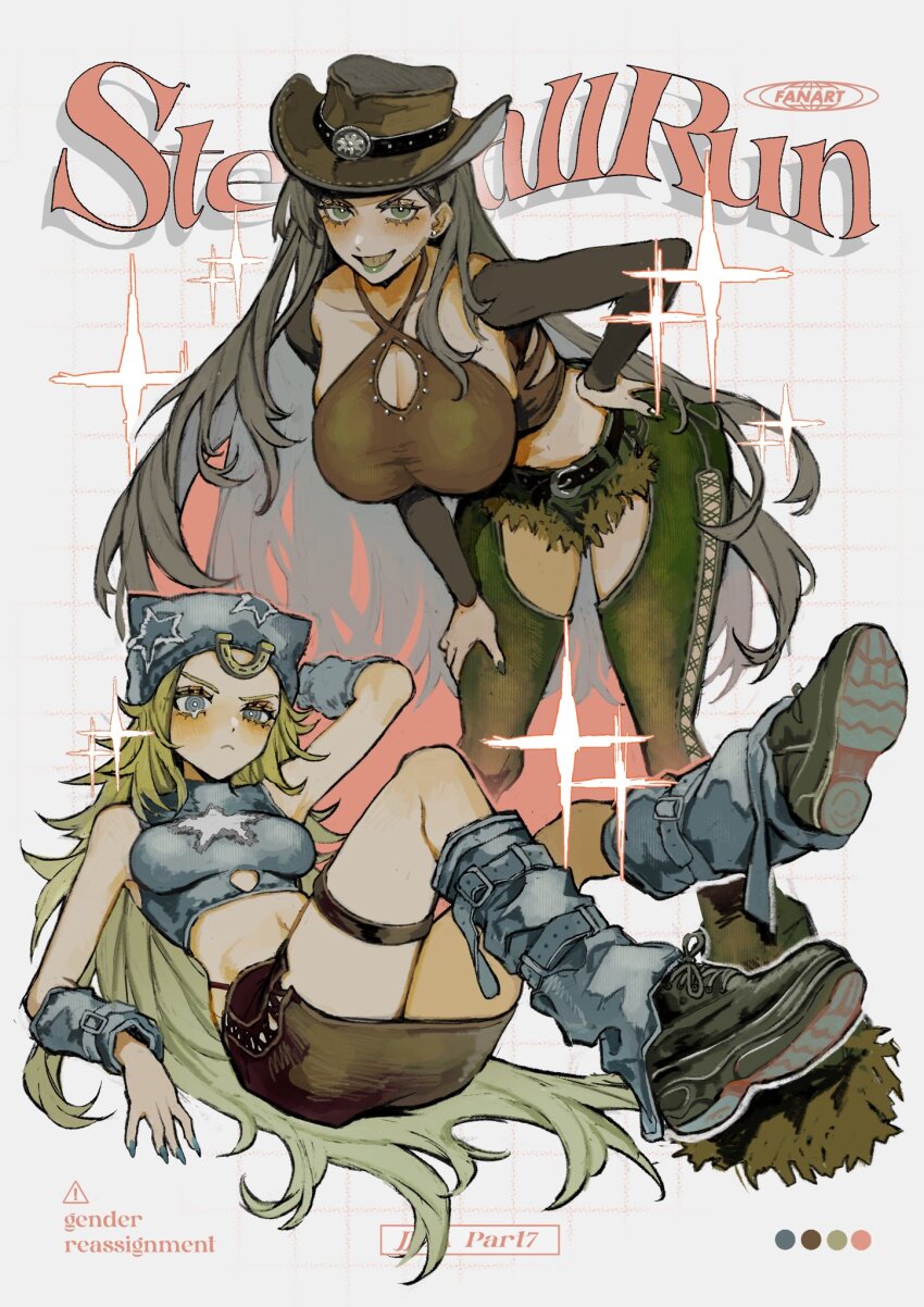 ! 2girls arm_warmers black_skirt blonde_hair blue_eyes blush breasts brown_hair cleavage clothing_cutout collarbone commentary_request copyright_name cowboy_hat crop_top dixie_cup_hat eyelashes genderswap genderswap_(mtf) gold_teeth green_eyes green_lips grey_hair gyro_zeppeli hand_on_own_hip hat highres horseshoe horseshoe_hat_ornament huge_breasts johnny_joestar jojo_no_kimyou_na_bouken large_breasts leaning_forward leg_warmers legs_up lipstick long_hair looking_at_viewer makeup medium_breasts medium_hair military_hat multiple_girls navel neg_50asu pencil_skirt shirt sitting skirt sleeveless sleeveless_shirt standing star_(symbol) star_print steel_ball_run teardrop thigh_cutout thigh_strap very_long_hair