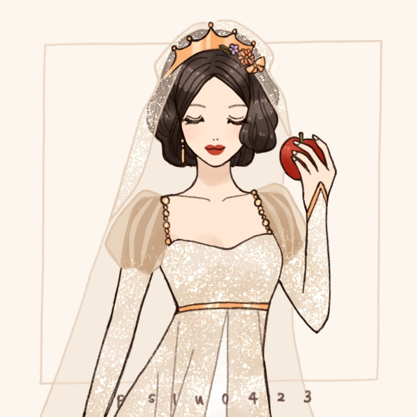 1girl black_hair bridal_veil crown dress food fruit highres holding looking_at_viewer peilu_(pslu0423) puff_and_slash_sleeves puffy_sleeves short_hair smile snow_white_(disney) snow_white_and_the_seven_dwarfs_(disney) solo tiara veil wedding_dress