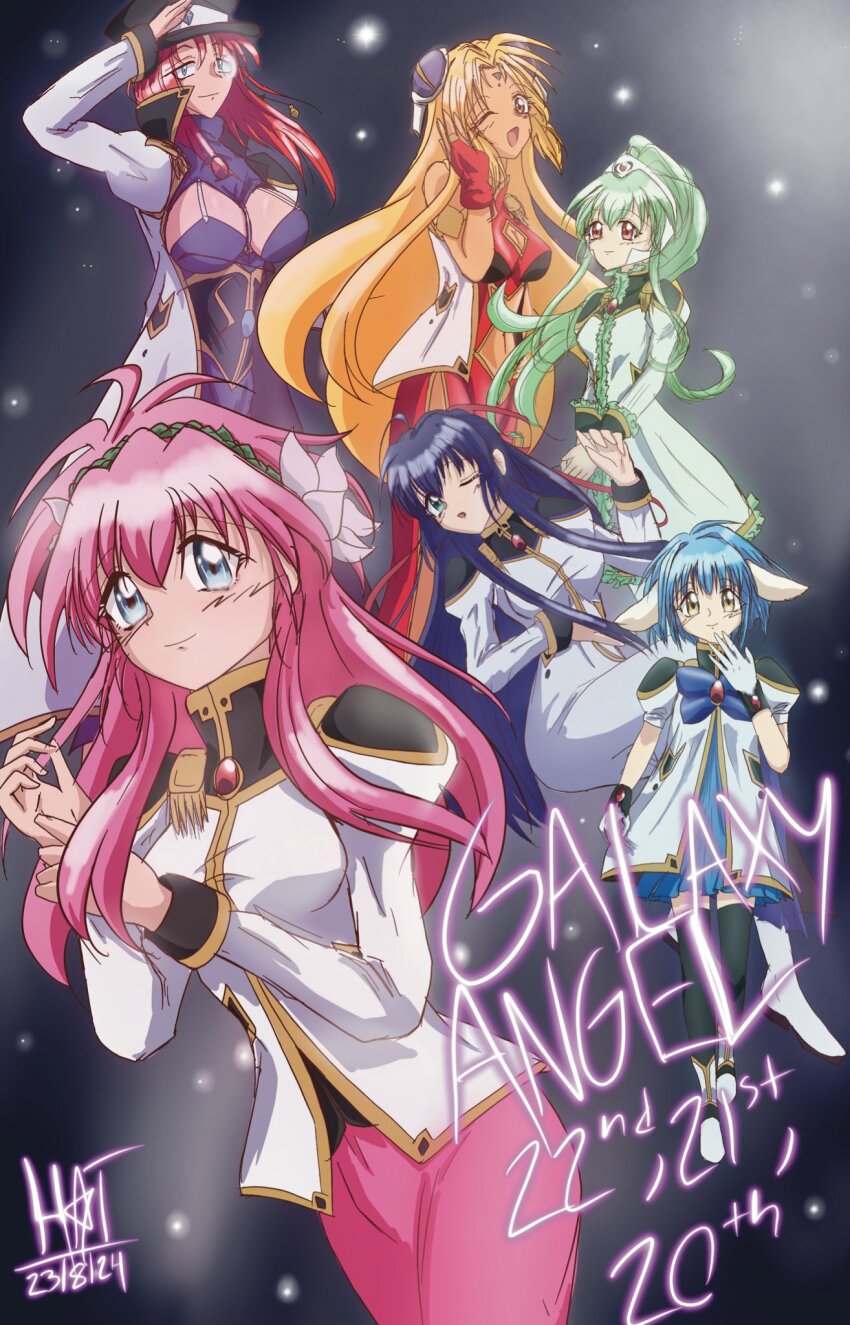 6+girls blonde_hair blue_dress blue_eyes blue_hair blush breasts china_dress chinese_clothes cleavage cowboy_shot dress fingerless_gloves flower forte_stollen full_body galaxy_angel gloves green_dress green_eyes green_hair hair_flower hair_ornament hair_ribbon half_updo happi_nyapi_desu_death highres karasuma_chitose large_breasts long_hair long_sleeves looking_at_viewer medium_hair milfeulle_sakuraba military_uniform mint_blancmanche monocle monocle_chain multiple_girls one_eye_closed open_mouth pink_hair ponytail procreate_(medium) purple_dress ranpha_franboise red_eyes red_gloves red_hair red_ribbon ribbon short_hair sidelocks skirt smile vanilla_h very_long_hair yellow_eyes