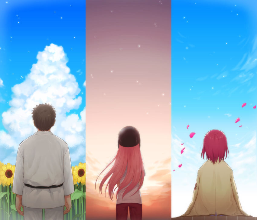 1boy 2girls angel_beats! baseball_helmet baseball_uniform black_hair blue_sky brown_jacket cloud commentary_request day dougi field floating_hair flower flower_field from_behind helmet iwasawa_masami jacket jacket_on_shoulders matsushita_(angel_beats!) multiple_girls nakamura_hinato outdoors petals pink_hair red_hair school_uniform short_hair sitting sky sportswear sunflower sunset yellow_flower yui_(angel_beats!)