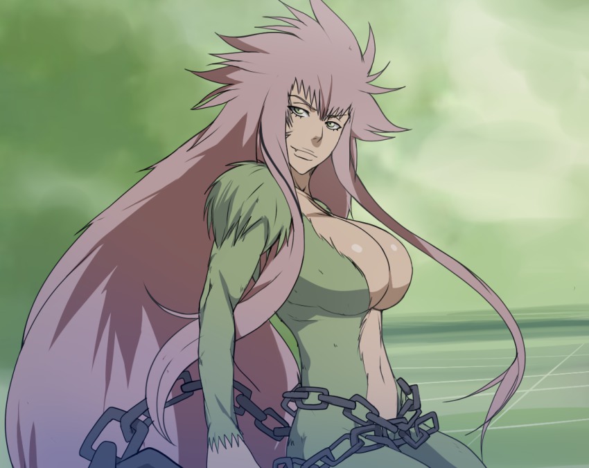1girl artist_request bleach bleach:_zanpakutou_ibun_hen breasts chain fang female_focus fur green_eyes long_hair looking_at_viewer navel pink_hair solo very_long_hair zabimaru