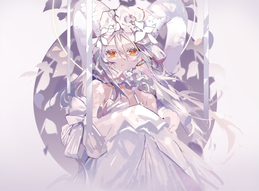 1girl bare_shoulders closed_mouth collar commentary_request commission curled_horns dot_nose dress floating_hair flower frilled_collar frills hair_between_eyes hair_flower hair_ornament halter_dress halterneck horns long_hair long_sleeves looking_at_viewer mamenomoto off-shoulder_dress off_shoulder original pixiv_commission red_eyes sheep_horns sleeves_past_fingers sleeves_past_wrists solo split_mouth upper_body white_dress white_flower white_hair white_horns white_theme