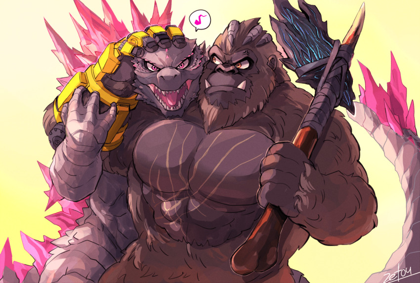abs anger_vein angry ape axe b.e.a.s.t._glove battle_axe bone bone_axe bone_weapon claws crossover electroshock_weapon gauntlets giant giant_monster glowing glowing_axe glowing_eyes glowing_spikes glowing_weapon godzilla godzilla_(monsterverse) godzilla_(series) godzilla_evolved godzilla_x_kong:_the_new_empire gorilla happy holding holding_axe holding_weapon kaiju king_kong king_kong&#039;s_battle_axe king_kong_(series) legendary_pictures looking_at_viewer monster monsterverse muscular muscular_arms muscular_other musical_note no_humans open_mouth pectorals photobomb pink_eyes scar scar_on_chest scar_on_stomach sharp_teeth simple_background smile speech_bubble spiked_tail spikes tail teeth thagomizer toho tongue tsk03 weapon yellow_background yellow_eyes