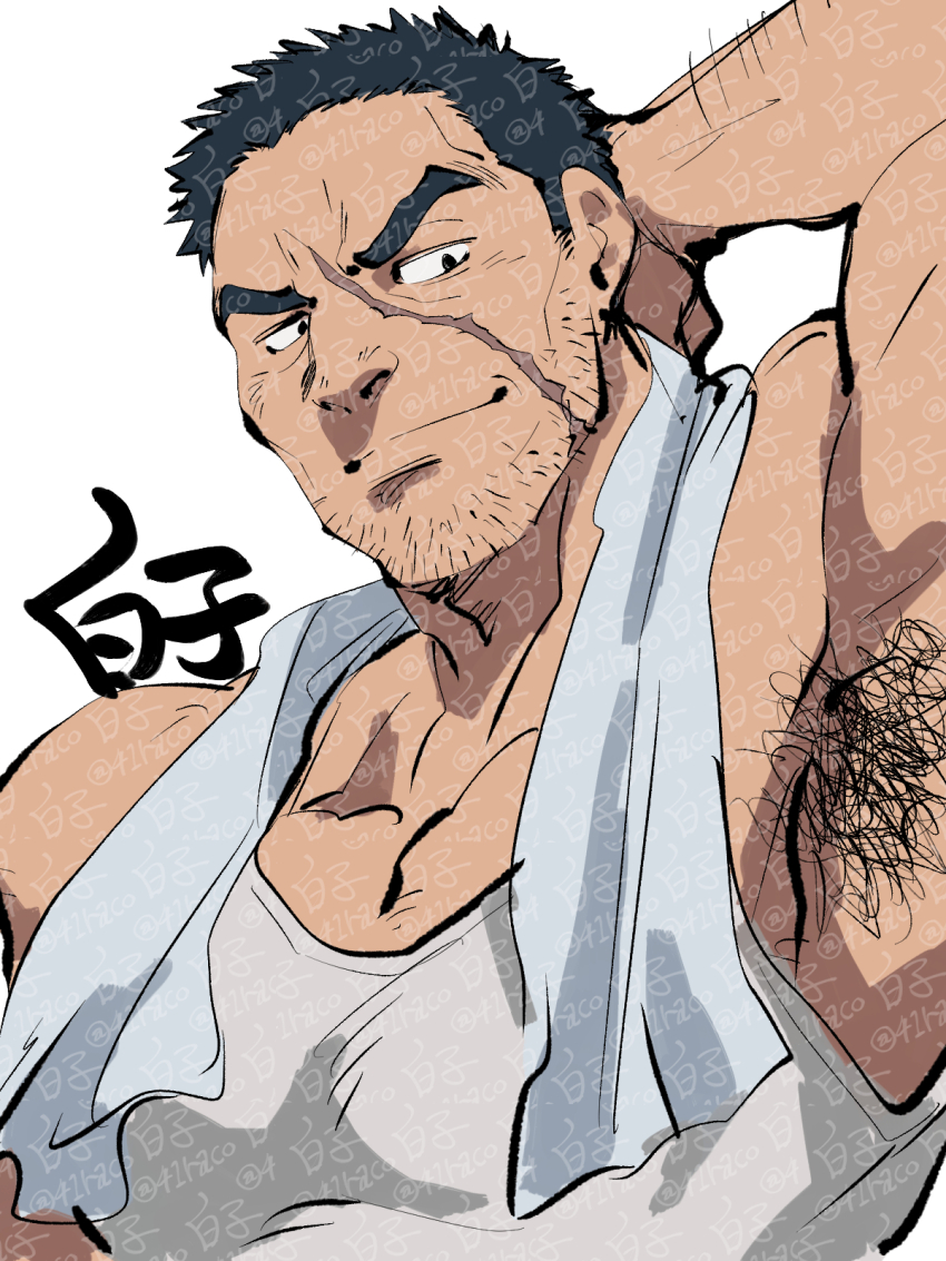 1boy arm_behind_head armpit_hair armpits bara beard_stubble black_hair commentary_request facial_hair highres knuckleduster_(boku_no_hero_academia) male_focus muscular muscular_male pectoral_cleavage pectorals scar scar_on_face shirako_(kirupi) short_hair simple_background solo stubble tank_top towel towel_around_neck vigilante_-boku_no_hero_academia:_illegals- watermark white_background white_tank_top
