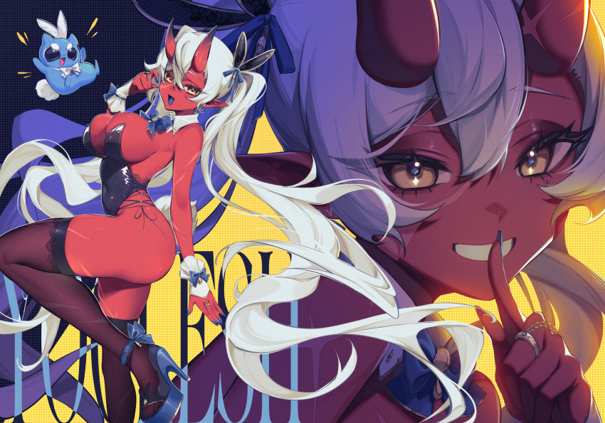 1girl :d akumi_(yoclesh) black_leotard blue_bow blue_bowtie bow bowtie breasts detached_collar finger_to_mouth floating_hair grin high_heels highres horns indie_virtual_youtuber large_breasts leotard long_hair multiple_views open_mouth see-through_clothes see-through_thighhighs shushing skin-covered_horns smile thighhighs twintails very_long_hair white_hair yellow_eyes yoclesh