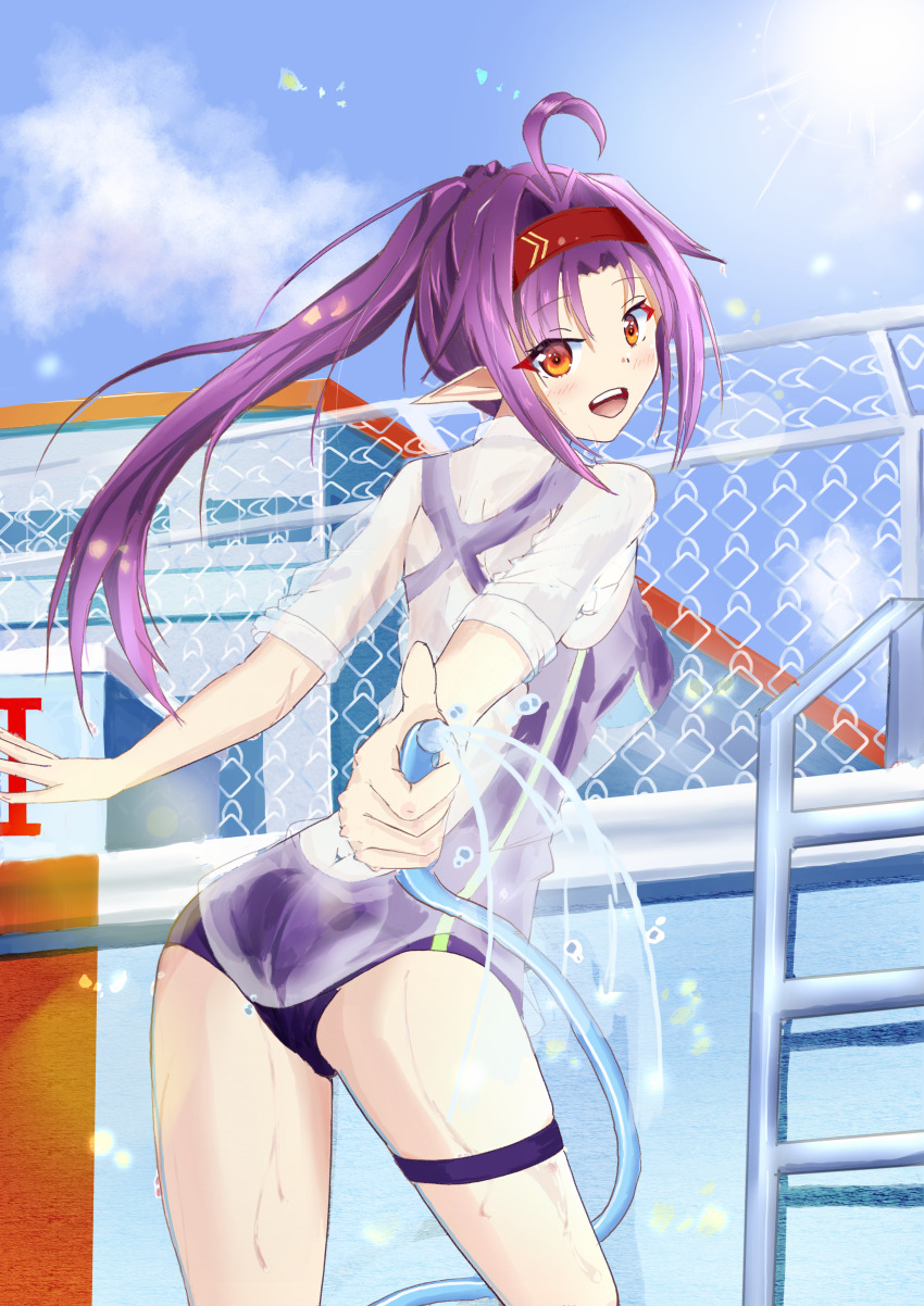 1girl :d absurdres ahoge backless_swimsuit blue_sky breasts cloud cloudy_sky commentary_request cowboy_shot day empty_pool eyelashes from_behind headband highres holding holding_hose hose konno_yuuki_(sao) light_blush long_hair long_sidelocks looking_at_viewer looking_back medium_breasts misuse_marin one-piece_swimsuit open_mouth outdoors pointy_ears ponytail pool pool_ladder purple_hair purple_one-piece_swimsuit red_eyes red_headband school_swimsuit see-through_clothes see-through_shirt shirt sidelocks sky smile solo standing swimsuit sword_art_online teeth thigh_strap three-quarter_sleeves upper_teeth_only water wet white_shirt