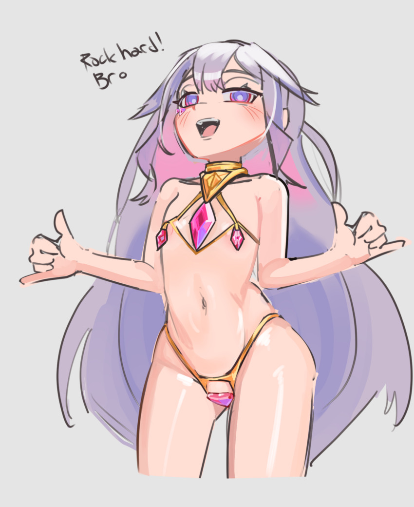 1girl arrivedcold bikini colored_inner_hair flat_chest gem gradient_hair grey_background grey_hair highres hololive hololive_english jewel_under_eye koseki_bijou loli long_hair looking_at_viewer multicolored_hair navel open_mouth pink_gemstone pink_hair purple_eyes revealing_clothes solo swimsuit virtual_youtuber