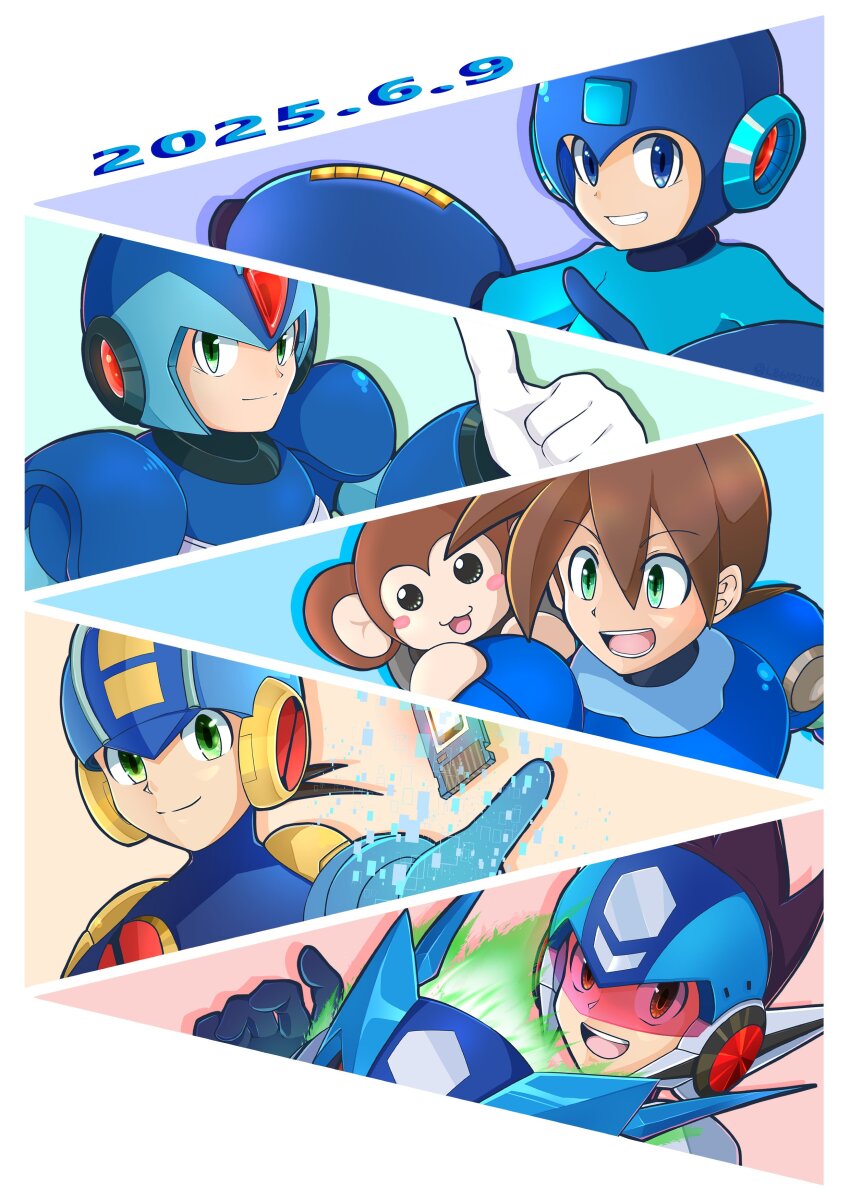5boys absurdres arm_cannon armor battle_chip blue_armor blue_eyes blue_helmet brown_hair data_(mega_man) dated forehead_jewel green_eyes helmet highres in-franchise_crossover l861021176 mega_man_(character) mega_man_(classic) mega_man_(series) mega_man_battle_network_(series) mega_man_day mega_man_legends_(series) mega_man_star_force_(series) mega_man_volnutt mega_man_x_(series) megaman.exe multiple_boys netnavi red-tinted_eyewear short_hair star_force_mega_man thumbs_up tinted_eyewear upper_body weapon x_(mega_man)