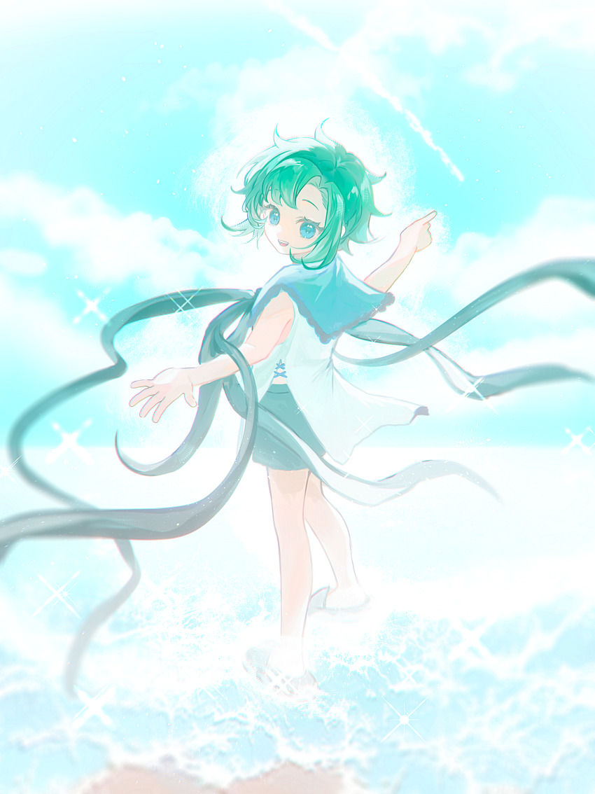 1boy :d absurdres bare_arms bare_legs bare_shoulders beach bloom blue_eyes blue_sailor_collar blue_sky child chinese_commentary cloud commentary_request cross-laced_clothes cross-laced_top curtained_hair day frilled_sailor_collar frills from_behind full_body green_hair green_shorts grey_slippers highres light_particles looking_at_viewer looking_back male_focus open_mouth personification plants_vs._zombies pointing pointing_forward reaching reaching_towards_viewer sailor_collar sea-shroom_(plants_vs._zombies) shirt short_hair shorts siiiiiiiiiii sky sleeveless sleeveless_shirt slippers smile solo sparkle standing teeth upper_teeth_only wading water white_shirt