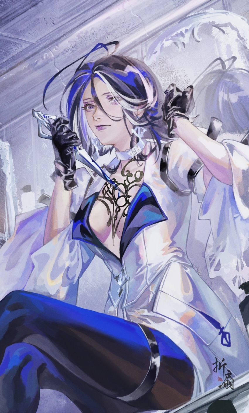 1girl adela_(path_to_nowhere) artist_logo belt_collar black_gloves black_hair blue_hair blue_leggings blue_liquid bottle breasts ceiling choker collar crossed_legs dagger earrings feet_out_of_frame gloves hair_between_eyes highres holding holding_dagger holding_knife holding_weapon indoors jacket jewelry knife leggings logo looking_at_viewer looking_down medium_breasts medium_hair mirror mole mole_on_breast multicolored_hair parted_bangs path_to_nowhere purple_eyes purple_lips reflection signature sitting solo streaked_hair thigh_strap two-tone_hair weapon white_choker white_jacket zheshanshan