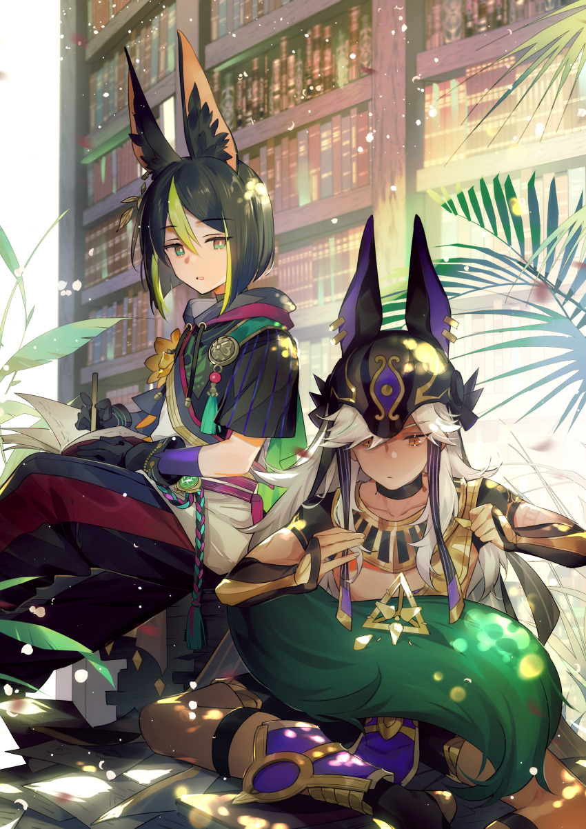 2boys absurdres animal_ear_fluff animal_ears animal_ears_helmet animal_helmet black_choker black_gloves black_hair black_hoodie black_pants black_shorts black_shrug black_sleeves book bookshelf choker clenched_hand closed_mouth cyno_(genshin_impact) dark-skinned_male dark_skin detached_sleeves drawstring fake_animal_ears flower fox_boy fox_ears fox_tail genshin_impact gloves green_eyes green_hair green_tail hair_between_eyes hands_up highres holding holding_notebook holding_pencil hood hoodie jackal_ears lappet leaf light_particles long_hair looking_at_another looking_down male_focus multicolored_hair multiple_boys notebook pants paper parted_lips pencil red_eyes short_hair short_sleeves shorts shrug_(clothing) sitting streaked_hair tail tassel tighnari_(genshin_impact) white_hair yellow_flower zishengtian123