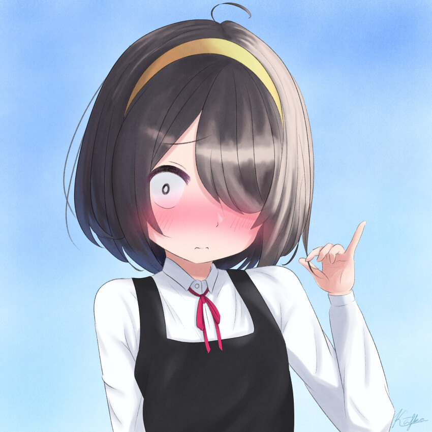 1girl absurdres ahoge black_dress black_eyes black_hair blue_sky blush bright_pupils day dress embarrassed hair_over_one_eye hairband hand_up highres jijou_wo_shiranai_tenkousei_ga_guigui_kuru. kafka963 looking_at_viewer medium_hair nishimura_akane outdoors pinky_out shirt shirt_under_dress sky solo white_pupils white_shirt yellow_hairband