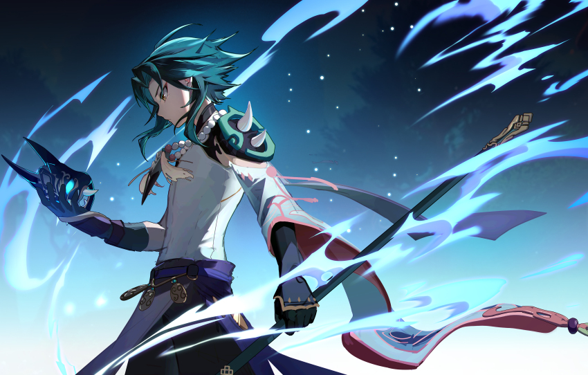 1boy absurdres ahoge arm_at_side armor backlighting bead_necklace beads bishounen black_background black_coat black_gloves black_pants blue_background blue_fire closed_mouth coat cowboy_shot curtained_hair detached_sleeves eyeliner fire from_side furisode_sleeves genshin_impact gloves gradient_background hand_up highres holding holding_mask holding_polearm holding_weapon jewelry ko_aki light_particles looking_at_object makeup male_focus mandarin_collar mask middle_part motion_blur necklace pants pauldrons polearm primordial_jade_winged-spear_(genshin_impact) profile purple_sash red_eyeliner sash serious shirt short_hair_with_long_locks shoulder_armor sidelocks single_pauldron sleeveless sleeveless_shirt solo spiked_pauldrons standing weapon white_background white_shirt wind xiao_(genshin_impact) yellow_eyes
