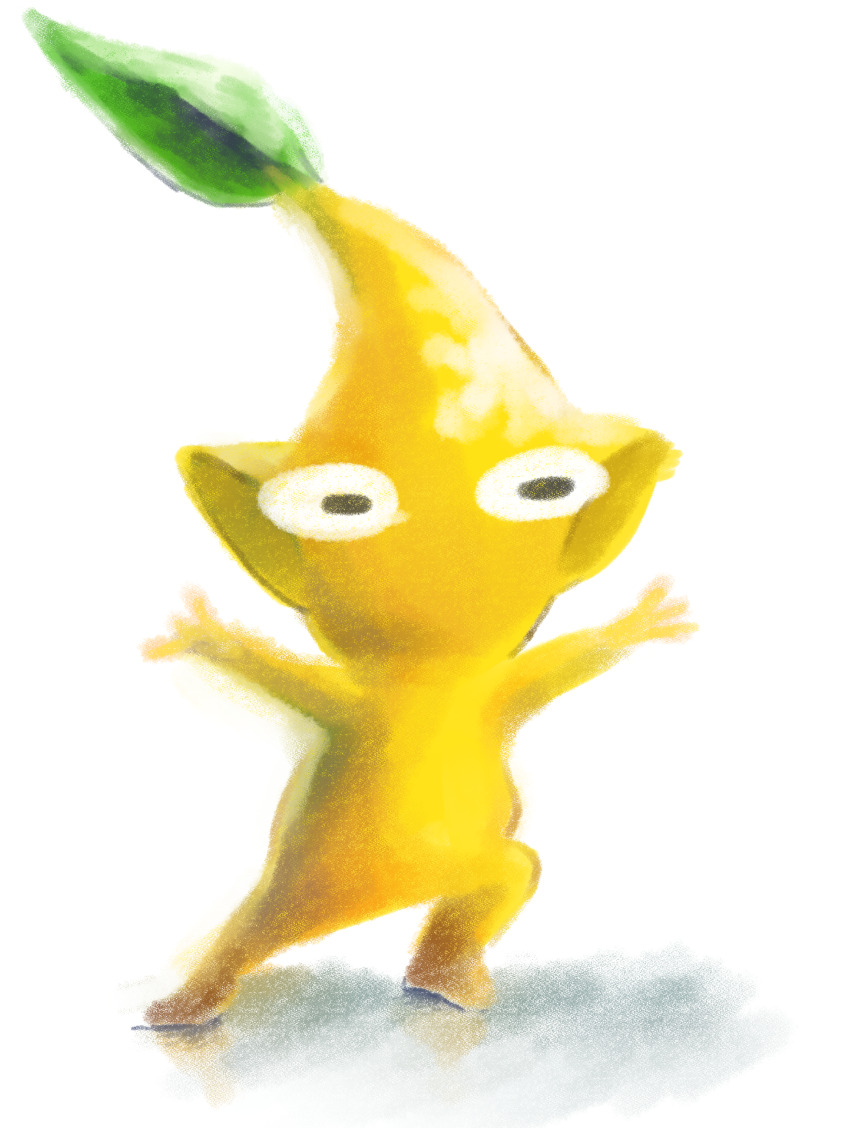 absurdres black_eyes colored_skin commentary_request creature creature_focus highres iat-418 leaf looking_ahead nintendo no_humans no_mouth outstretched_arms pikmin_(creature) pikmin_(series) pointy_ears reflective_floor shadow simple_background solo standing white_background yellow_pikmin yellow_skin