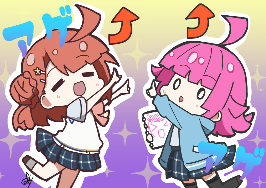 &gt;_&lt; 0_0 2girls :d :o =_= absurdres ahoge arms_up arrow_(symbol) blue_jacket blue_shirt blue_skirt blunt_bangs blunt_ends braid braided_bun chibi chibi_only collared_shirt commentary_request drawing_(object) dress_shirt gradient_background hair_bun hair_ornament hairclip half_updo highres holding holding_sketchbook hood hooded_jacket jacket kishimen_hair long_sleeves love_live! love_live!_nijigasaki_high_school_idol_club medium_hair miniskirt multiple_girls neck_ribbon nijigasaki_school_uniform oofushi_ao open_clothes open_jacket open_mouth orange_hair pink_hair pink_ribbon plaid_clothes plaid_skirt pleated_skirt purple_background ribbon rina-chan_board school_uniform shirt short_sleeves single_side_bun sketchbook skirt smile standing standing_on_one_leg summer_uniform sweater_vest swept_bangs tennoji_rina two-tone_background uehara_ayumu white_sweater_vest xd yellow_background