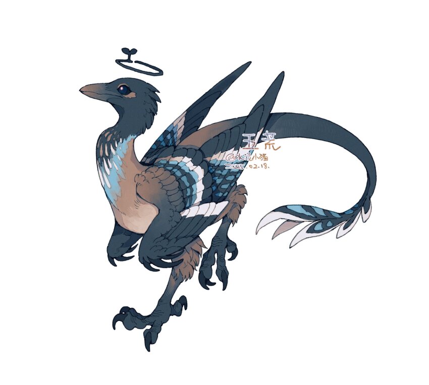 animal_focus artist_name beak blue_eyes from_side full_body halo highres no_humans original raptor shuini_xiaomao simple_background solo tail talons white_background wings