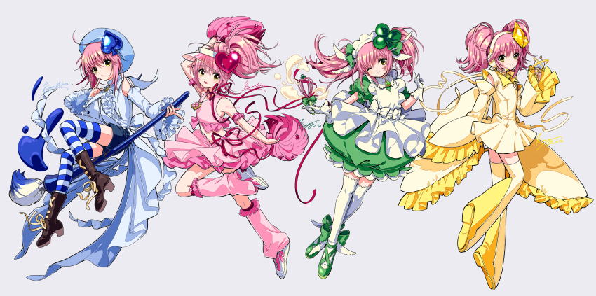 4girls absurdres ahoge amulet_clover amulet_dia amulet_heart amulet_spade apron artist_name beret blue_hat blue_shorts blue_thighhighs boots bow brown_footwear bubble_skirt choker closed_mouth club_hair_ornament commentary detached_sleeves diamond_hair_ornament dress floating_hair footwear_bow frilled_apron frilled_gloves frilled_shirt frilled_sleeves frills full_body giant_brush gloves green_bow green_dress green_footwear grey_background hair_bow hair_ornament hairband hat headset heart highres hinamori_amu holding holding_paintbrush holding_pom_poms holding_wand holding_whisk horizontal-striped_thighhighs humpty_lock_(shugo_chara!) index_finger_raised kisumi_rei leg_warmers light_smile long_hair looking_at_viewer magical_girl maid_headdress multiple_girls multiple_persona one_eye_closed ouji_fashion paint paintbrush pink_hair pink_leg_warmers pink_skirt pom_pom_(cheerleading) pom_poms ponytail puffy_short_sleeves puffy_sleeves ribbon shirt shoes short_dress short_hair short_sleeves shorts shugo_chara! sidelocks signature simple_background skirt sleeves_past_fingers sleeves_past_wrists smile sneakers spade_(shape) spade_hair_ornament standing standing_on_one_leg striped_clothes striped_thighhighs thigh_boots thighhighs twintails twitter_username very_long_sleeves visor_cap waist_bow wand whipped_cream whisk white_apron white_background white_bow white_gloves white_shirt white_thighhighs wide_sleeves yellow_boots yellow_dress yellow_eyes