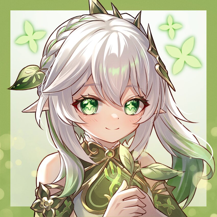 1girl absurdres bare_shoulders blush border closed_mouth commentary_request detached_sleeves genshin_impact gold_trim gradient_hair green_border green_eyes green_hair green_sleeves hair_between_eyes hair_ornament hands_up highres holding leaf_hair_ornament long_hair looking_at_viewer multicolored_hair nahida_(genshin_impact) pointy_ears side_ponytail sleeveless smile solo symbol-shaped_pupils upper_body white_hair yuno_kaihara