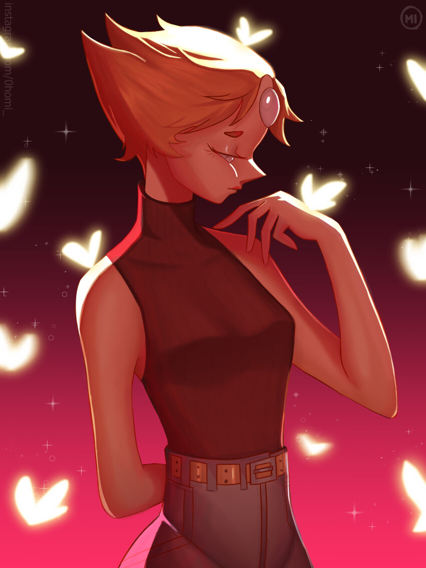 0homi 1girl absurdres arm_behind_back belt breasts brown_belt bug butterfly commentary english_commentary forehead_jewel grey_pants high-waist_pants highres insect looking_down orange_hair pants pearl_(steven_universe) profile red_background red_theme short_hair signature sleeveless sleeveless_turtleneck small_breasts solo steven_universe turtleneck upper_body watermark web_address white_eyes