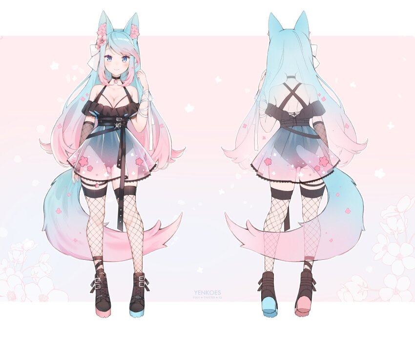 1girl animal_ear_fluff animal_ears bikini black_bikini black_choker black_footwear blue_eyes blue_hair breasts choker cleavage commentary english_commentary fishnet_thighhighs fishnets frilled_bikini frills gradient_hair gradient_tail highres indie_virtual_youtuber large_breasts looking_at_viewer multicolored_hair multiple_views off_shoulder official_art pink_hair see-through_clothes see-through_skirt shoes sidelocks silvervale silvervale_(summer) skirt smile swimsuit tail thigh_strap thighhighs virtual_youtuber white_background wolf_ears wolf_girl wolf_tail yenkoes