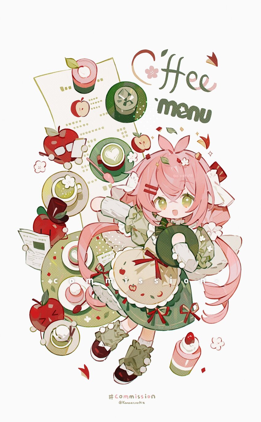 1girl :d antenna_hair apple apron brown_apron brown_shoes coffee commission cup double-parted_bangs dress food frilled_apron frills fruit full_body green_dress green_eyes hair_between_eyes highres holding holding_tray kanae_(cookie) layered_sleeves long_hair long_sleeves looking_at_viewer low_twintails open_mouth original outstretched_arm pink_hair receipt shoes short_over_long_sleeves short_sleeves sidelocks simple_background smile socks solo standing tray twintails twitter_username white_background white_socks