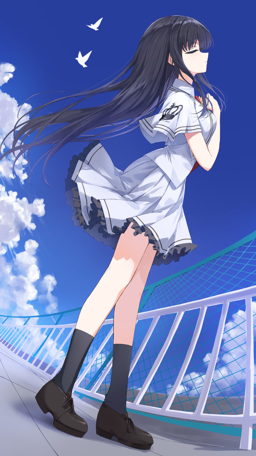 1girl absurdres bird black_hair blue_sky capelet chain-link_fence closed_eyes cloud commentary_request day fence from_side highres long_hair outdoors pleated_skirt school_uniform shirt short_sleeves skirt sky solo standing subarashiki_hibi takashima_zakuro white_capelet white_shirt white_skirt yanagi_marie