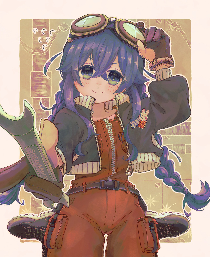 1girl adjusting_eyewear alternate_costume belt blue_eyes bomber_jacket braid buckle engineer flat_chest flying_sweatdrops goggles goggles_on_head hand_on_eyewear highres holding holding_wrench industrial_pipe jacket kimi_no_koto_ga_dai_dai_dai_dai_daisuki_na_100-nin_no_kanojo light_blush light_smile oknomyk overalls pointing pointing_at_viewer pouch purple_hair rabbit_sticker sitting snap-fit_buckle solo twin_braids wariza work_gloves wrench yoshimoto_shizuka zipper_pull_tab