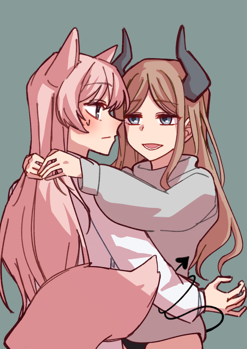 2girls absurdres animal_ears bang_dream! bang_dream!_it&#039;s_mygo!!!!! blue_eyes brown_hair chihaya_anon closed_mouth commentary_request fox_ears grey_eyes highres long_hair long_sleeves multiple_girls nagasaki_soyo open_mouth pink_hair shibadooog simple_background yuri