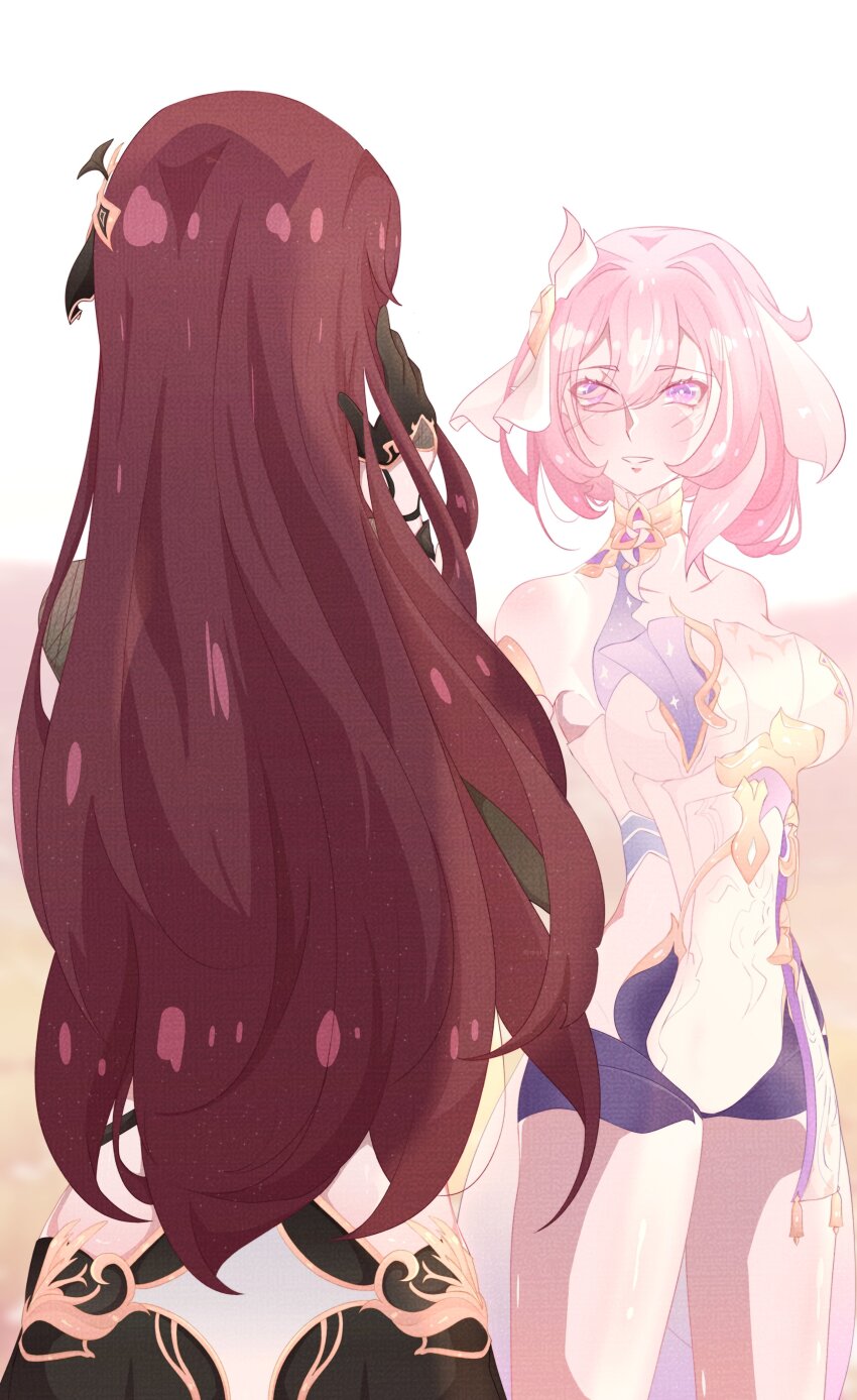 2girls absurdres black_dress black_gloves black_shorts breasts brown_hair commentary corset dress eden_(honkai_impact) elysia_(herrscher_of_human:_ego)_(honkai_impact) elysia_(honkai_impact) english_commentary gloves hair_ornament highres honkai_(series) honkai_impact_3rd large_breasts long_hair looking_at_another mali_aa multiple_girls pink_hair purple_eyes short_hair short_shorts shorts simple_background triquetra very_long_hair white_background white_corset yuri