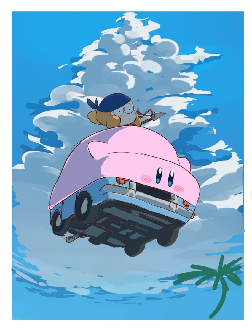 bandana bandana_waddle_dee blue_sky border car car_mouth cloud flying full_body highres kanno_(kan_save) kirby kirby_(series) kirby_and_the_forgotten_land motor_vehicle mouthful_mode nintendo no_humans palm_tree polearm sky spear tree weapon white_border wide-eyed