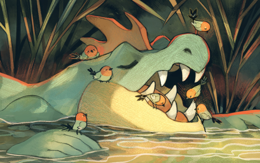 bird closed_eyes day feraligatr fletchling game_freak gen_2_pokemon gen_6_pokemon nintendo no_humans open_mouth outdoors pokemon pokemon_(creature) ver_(verface) water