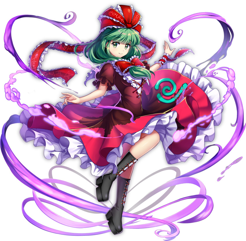 1girl arm_ribbon black_boots boots cross-laced_clothes dress frilled_skirt frills front_ponytail full_body game_cg green_eyes green_hair hair_ribbon highres kagiyama_hina lace-up_boots long_hair looking_at_viewer official_art red_dress red_ribbon red_shirt ribbon rotte_(1109) shirt short_sleeves simple_background skirt solo third-party_source touhou touhou_lostword white_background
